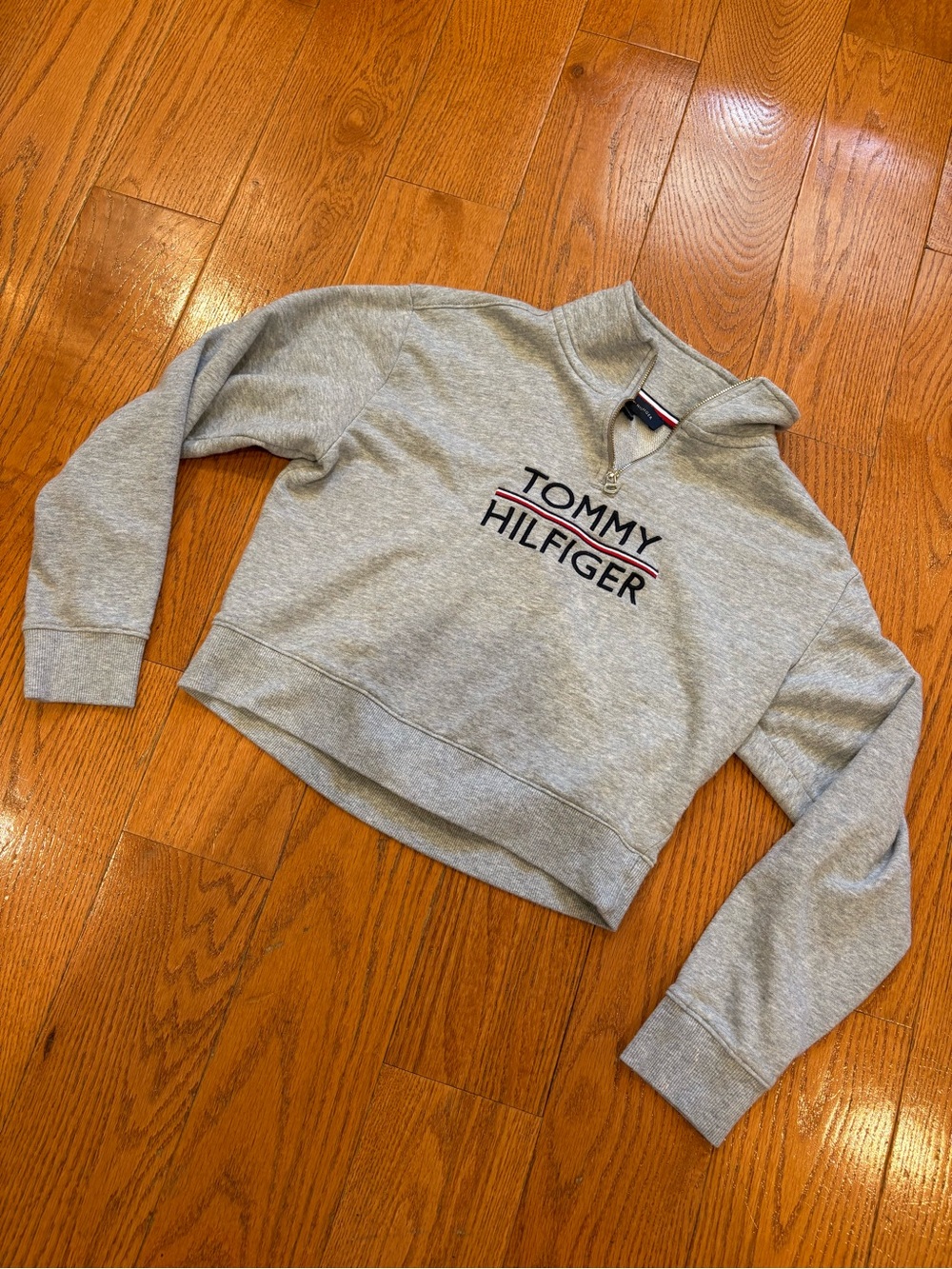 Tommy Hilfiger Cropped Quarter Zip Sweatshirt Gray Logo Pullover Small Petite
